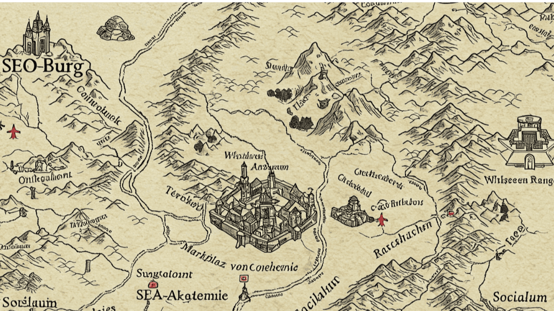 Illustration einer fantasievollen Landkarte des Reichs des Keywordkönigs: Im Nordwesten liegt die SEO-Burg, im Zentrum die SEA-Akademie und im Südwesten die Region Socialum – symbolisch für ganzheitliche Online-Marketing-Strategien.