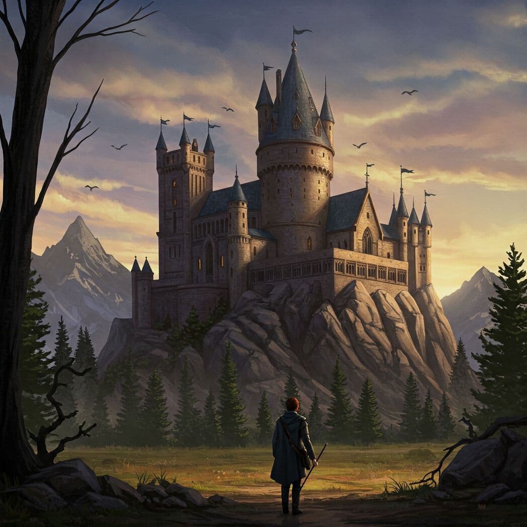 Illustration des Keywordkönigs vor seiner SEO-Burg, in der er strategisch sein digitales Reich für mehr Sichtbarkeit, Reichweite und Conversions ausbaut 