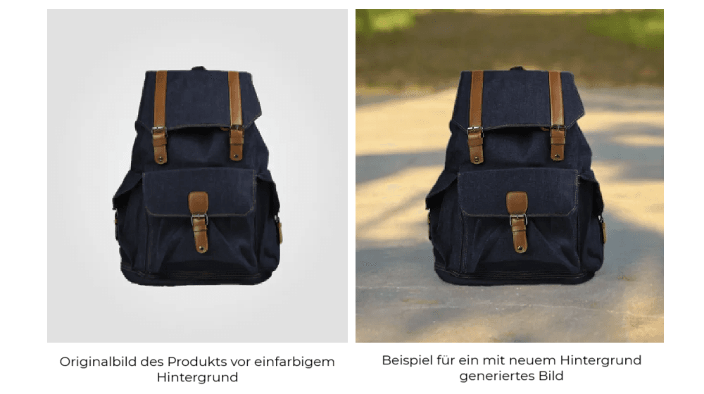 Zwei Bilder von Rucksäcken werden verglichen. Ein Bild zeigt einen schwarzen Rucksack vor einfarbig grauem Hintergrund. Das andere Bild zeigt künstlich generierten Hintergrund.
