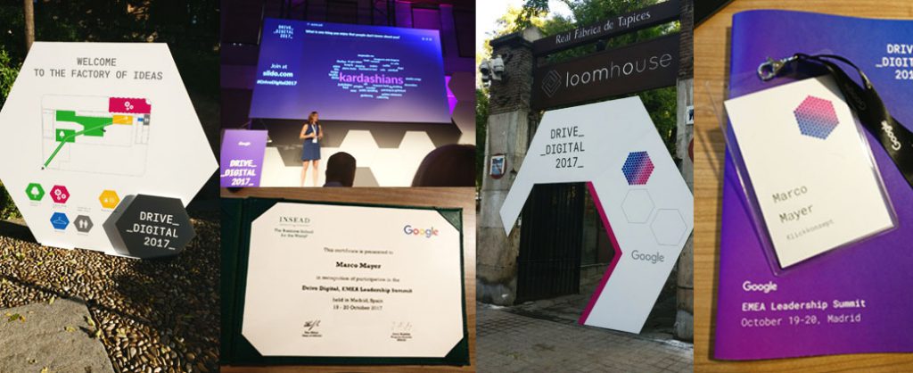 Einige Bilder des Google Drive Digital Summits in Madrid, unter anderem der Eingang zum Veranstaltungsort und der Teilnehmerurkunde für unseren Kollegen Marco.