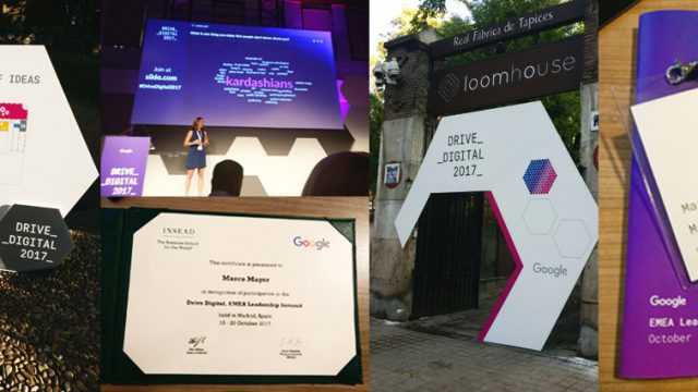 Einige Bilder des Google Drive Digital Summits in Madrid, unter anderem der Eingang zum Veranstaltungsort und der Teilnehmerurkunde für unseren Kollegen Marco.