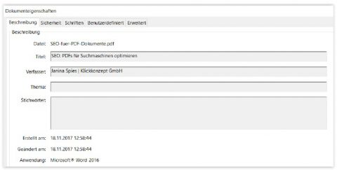 PDF-SEO: Der Title eines PDF wird in den Dokumenteigenschaften hinterlegt.