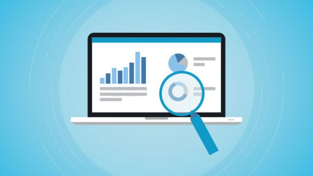 Grafik eines Laptops mit einer Lupe vor dem Bildschirm