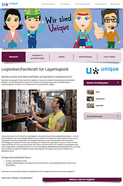 Screenshot der Berufsübersichtsseiten Verpacker