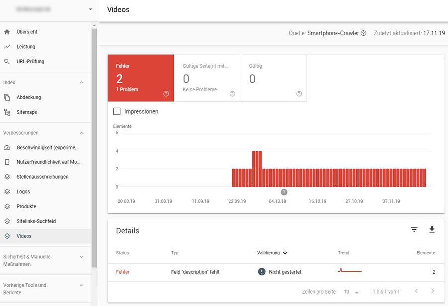 Beispiel eines Video Enhancement Reports aus der Google Search Console