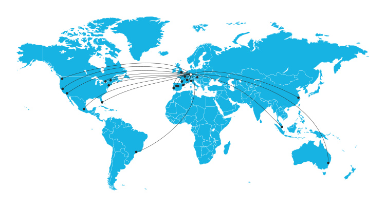 Eine Weltkarte mit den Standorten der Lablium-Gruppe, von Frankfurt ausgehend.