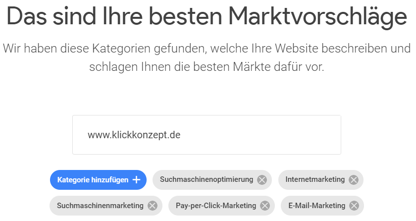 Der erste Schritt des Google Market Finders