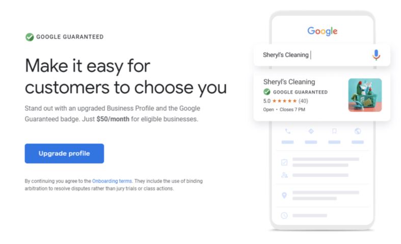 Screenshot des Angebotes der Google Guaranteed Dienstleistung