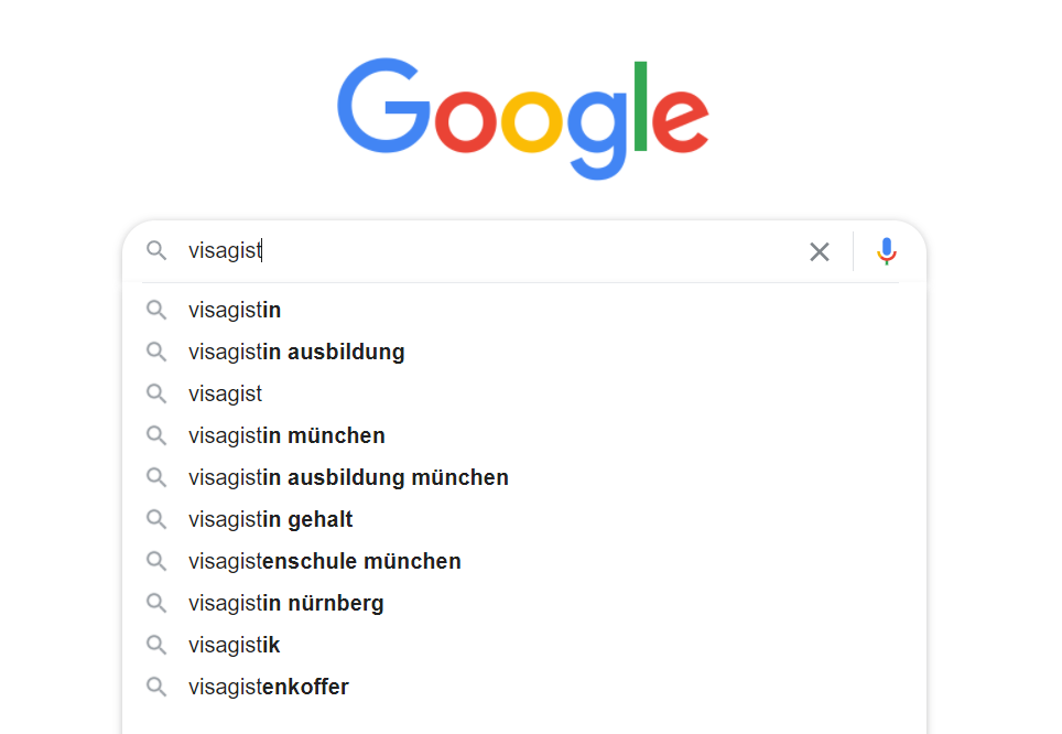 Vorschläge zum Suchbegriff „Visagist“ in der Google-Suche