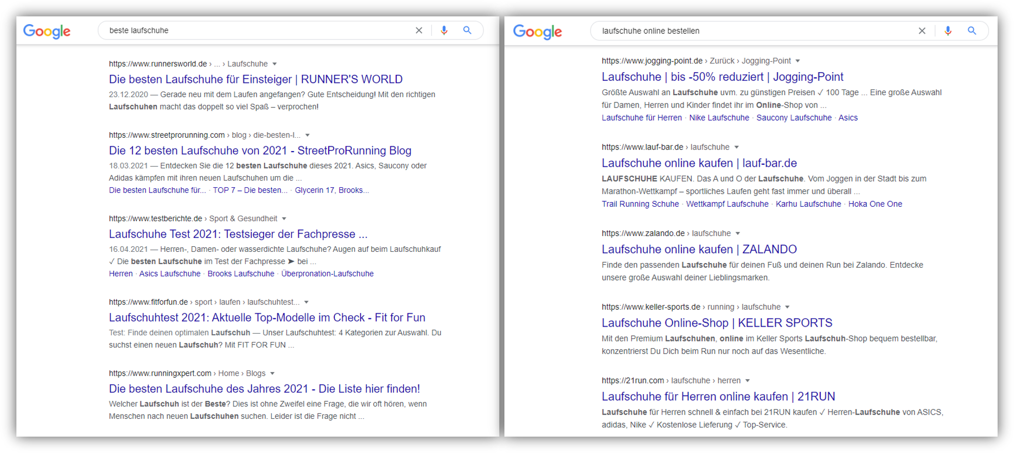 Google-Suchergebnisse im Vergleich
