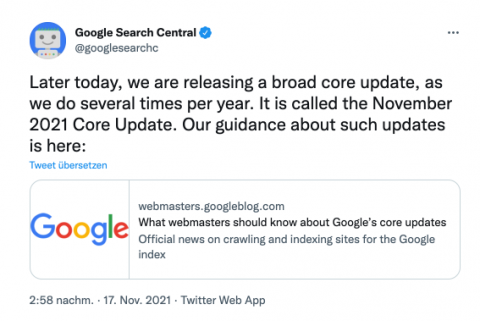 Google kündigt auf Twitter das Core Update für den 17. November an