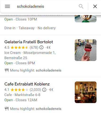 Google Local Justifications menu