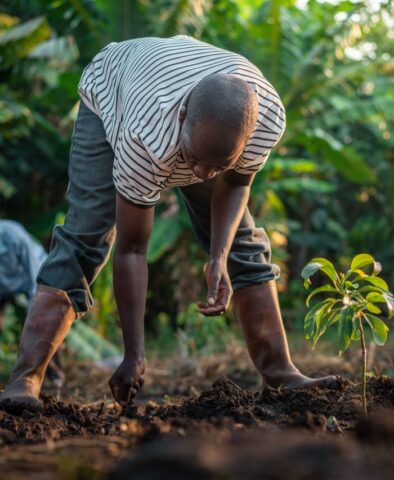 Ein Bauer pflanzt einen Avocadobaum